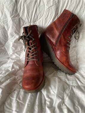 Fly London Rust Brown Leather Wedge Ankle Boots